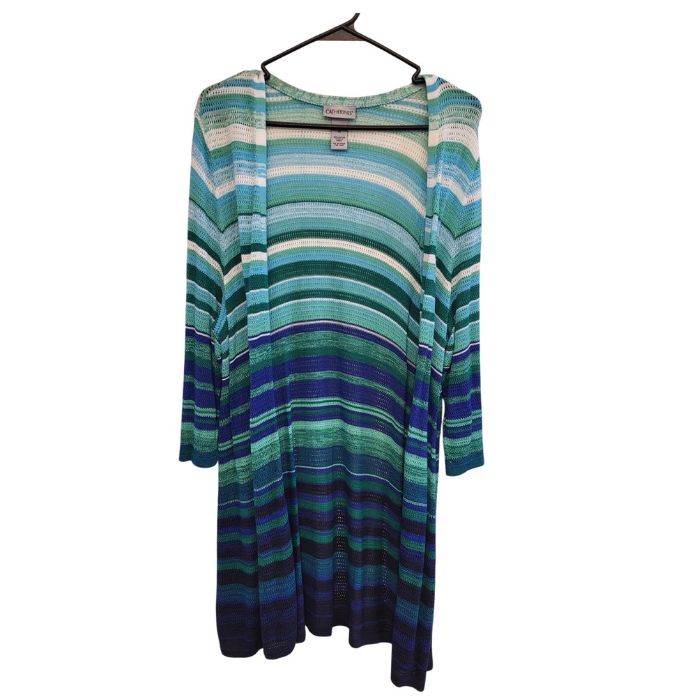 Catherines Cardigan Women 1X Blue Green Striped Pointelle Knit Open Front Duster